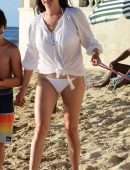 Lauren Silverman in White Bikini, Walking her Dog at Beach in Barbados