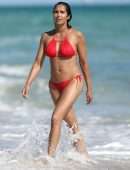 Padma Lakshmi in Red Bikini at Beach in Miami