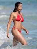 Padma Lakshmi in Red Bikini at Beach in Miami