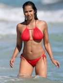 Padma Lakshmi in Red Bikini at Beach in Miami