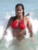 Padma Lakshmi in Red Bikini at Beach in Miami