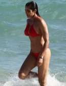 Padma Lakshmi in Red Bikini at Beach in Miami