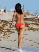 Padma Lakshmi in Red Bikini at Beach in Miami