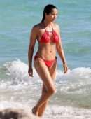 Padma Lakshmi in Red Bikini at Beach in Miami