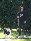 Nina Dobrev in Black Leggings, Walking her Dog Maverick in Hollywood