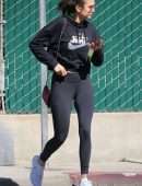 Nina Dobrev in Black Leggings, Walking her Dog Maverick in Hollywood