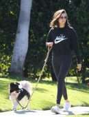 Nina Dobrev in Black Leggings, Walking her Dog Maverick in Hollywood
