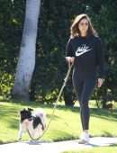 Nina Dobrev in Black Leggings, Walking her Dog Maverick in Hollywood