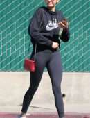 Nina Dobrev in Black Leggings, Walking her Dog Maverick in Hollywood