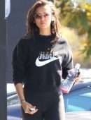Nina Dobrev in Black Leggings, Walking her Dog Maverick in Hollywood