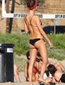 Alessandra Ambrosio in Black Bikini Playing Volleyball in LA