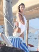 Candice Swanepoel in White Swimsuit at a Beach in Tulum