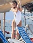 Candice Swanepoel in White Swimsuit at a Beach in Tulum