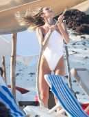 Candice Swanepoel in White Swimsuit at a Beach in Tulum