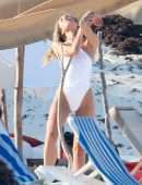 Candice Swanepoel in White Swimsuit at a Beach in Tulum