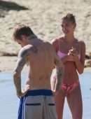 Hailey Baldwin in Pink Bikini at the Beach