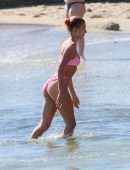 Hailey Baldwin in Pink Bikini at the Beach