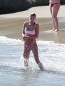 Hailey Baldwin in Pink Bikini at the Beach