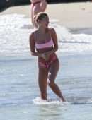 Hailey Baldwin in Pink Bikini at the Beach
