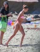 Hailey Baldwin in Pink Bikini at the Beach