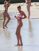Hailey Baldwin in Pink Bikini at the Beach