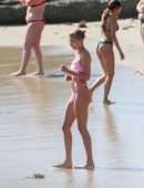 Hailey Baldwin in Pink Bikini at the Beach