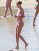 Hailey Baldwin in Pink Bikini at the Beach