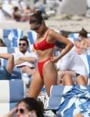 Olivia Culpo in Red Swimwear on the Beach in Miami