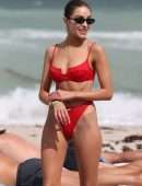 Olivia Culpo in Red Swimwear on the Beach in Miami