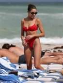 Olivia Culpo in Red Swimwear on the Beach in Miami