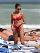 Olivia Culpo in Red Swimwear on the Beach in Miami