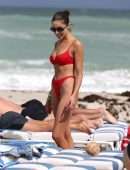 Olivia Culpo in Red Swimwear on the Beach in Miami