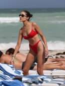 Olivia Culpo in Red Swimwear on the Beach in Miami