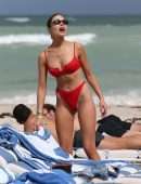 Olivia Culpo in Red Swimwear on the Beach in Miami