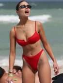 Olivia Culpo in Red Swimwear on the Beach in Miami