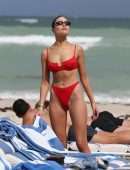 Olivia Culpo in Red Swimwear on the Beach in Miami