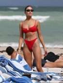 Olivia Culpo in Red Swimwear on the Beach in Miami