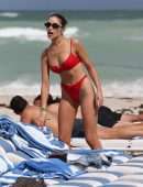 Olivia Culpo in Red Swimwear on the Beach in Miami