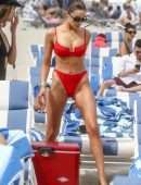 Olivia Culpo in Red Swimwear on the Beach in Miami