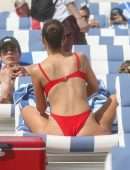 Olivia Culpo in Red Swimwear on the Beach in Miami