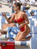 Olivia Culpo in Red Swimwear on the Beach in Miami