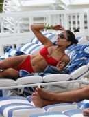 Olivia Culpo in Red Swimwear on the Beach in Miami