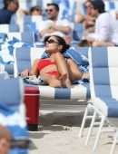 Olivia Culpo in Red Swimwear on the Beach in Miami