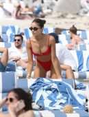 Olivia Culpo in Red Swimwear on the Beach in Miami