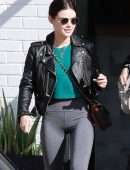 Lucy Hale in a Chanel Bag and Leather Moto Jacket at Alfred Coffee in Studio City