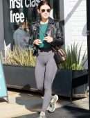 Lucy Hale in a Chanel Bag and Leather Moto Jacket at Alfred Coffee in Studio City
