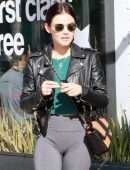 Lucy Hale in a Chanel Bag and Leather Moto Jacket at Alfred Coffee in Studio City