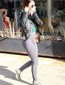 Lucy Hale in a Chanel Bag and Leather Moto Jacket at Alfred Coffee in Studio City