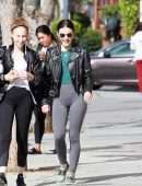 Lucy Hale in a Chanel Bag and Leather Moto Jacket at Alfred Coffee in Studio City