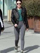Lucy Hale in a Chanel Bag and Leather Moto Jacket at Alfred Coffee in Studio City